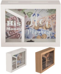 Spardose aus Holz "His money & Her money" verschiedene Farben