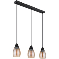 ETC Shop Pendelleuchte Glas Hängeleuchte Glas Esstischlampe schwarz, 3 flammig, Amber Metall, 3x E27 Fassungen, LxBxH 55x10x120cm