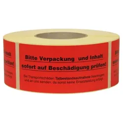Warn- und Hinweisetiketten 145x70mm, aus Papier rot, mit Aufdruck "Verpackung u. Inhalt auf Beschäd. prüfen"