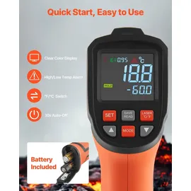 Vevor Infrarot Thermometer -30°C bis 1600°C, Digitales IR-Temperaturmessgerät mit LCD-Display Typ-K-Thermoelement & Dual-Laser, Berührungslose Temperaturpistole für Kochen Industrie (Nicht für Menschen)