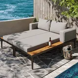 Merax Polyrattan Sonnenliege, Outdoor Daybed mit bequemer Polsterauflage, Multifunktionales Doppelliege Gartenliege, Doppel-Liegebett mit Regalen, Sun Lounger für Schwimmbad Terrasse und Garten, Grau