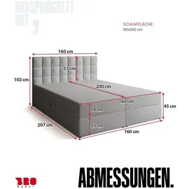 bromarkt Boxspringbett mit 2 Bettkasten, Bonell-Matratze, Polsterbett, Bett Hellgrau Malmo 90, 160 x 200 cm) - Grau