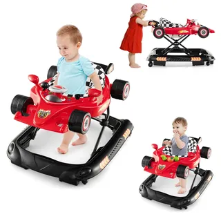 COSTWAY 4 in 1 Baby Lauflernhilfe, Lauflernwagen Autoförmig mit verstellbarer Höhen & abnehmbarem Spieltablett, Baby Walker klappbar mit Musik, Licht & Rädern, Gehfrei Baby ab 6 Monate (Rot)