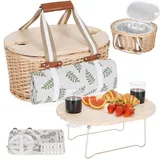 Zettfuly Picknickkorb-Set für 2 Personen – Isolierter Weidenkorb mit wasserdichter Decke, klappbarem Picknicktisch für Wein & Bestecksets, Picknickkörbe-Set für Camping, Outdoor, Valentinstag (Blatt)