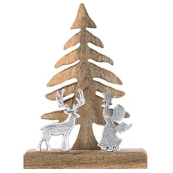 Amagohome Holzfigur Weihnachtsbaum mit Hirsch u. Engel 20x27cm Weihnachtsdeko Mangoholz Aluminium