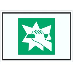 HB-Druck Notausgangsvorrichtung die nach Zerschlagen einer Scheibe zu erreichen ist Symbol Aufkleber A6 (105x148mm)