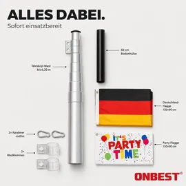 onbest Fahnenmast | mit Bodenhülse und Karabiner | 6,2 m | inklusive Deutschlandfahne | Partyfahne