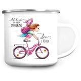 Wandtattoo Loft Kindertasse mit Namen, Motiv Schulkind Braune Haare auf Fahrrad, Emaille Tasse Kinder mit Namen, Kindertasse personalisiert, Trinkbecher Kinder, Tasse mit Namen, Camping Tasse Kinder