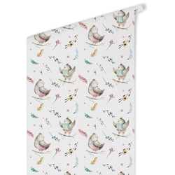 K&L Wall Art Vliestapete »Kinder Vliestapete«, bunte Baby Vögel Waldtiere, mehrfarbig, matt
