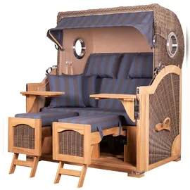 Mr. Deko bene,iving Strandkorb Komplettset Ammersee Grande XL Teak Bullauge PE grau Modell 582 inkl. Liftersystem Schutzhülle Doppelrollen Glasbecherhalter