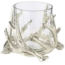 EDZARD Windlicht Kingston, Geweih-Design, Aluminium, silberfarben, mit Glas, Höhe 15 cm, ø 17 cm
