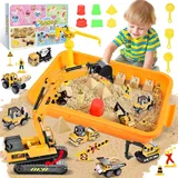 Herenear Sand für Kinder, Sand Baustellen Koffer, 1 Raupenbagger und 6 Baustellenfahrzeuge Kinder, Kinder Sensorisches Sandspielzeug, Spielsand für Jungen Mädchen Kinder 3 4 5 6 7+ Jahre