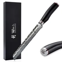 Wakoli EBO Damast Brotmesser I 20 cm Klinge mit Wellenschliff & Hammerschlag I schwarzer Eichenholzgriff