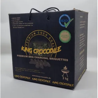 King Crocodile Kokosnuss Kohle mit Langer Brenndauer I Eierkohlen I Grillkohle I wenig Asche I geringe Rauchentwicklung I Nachhaltige Naturkohle I Grillkohle in Profi Qualität I 3 kg