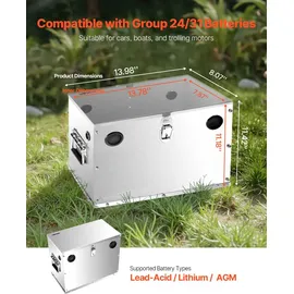 Vevor Batteriekasten, Gruppe 24/31 Batteriebox, Marinebatteriegehäuse mit Schloss, Griffen & Gummitüllen-Kabellöchern, Edelstahlgehäuse, geeignet für Autos, Boote & Trolling-Motoren