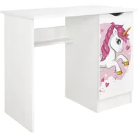 Leomark Weiß Kinderschreibtisch - Roma - Gemütlich Schreibtisch für Kinder mit Regal, Computertisch, Möbel für Kinderzimmer, Höhe: 77 cm, UV-Druck: rosa Einhorn