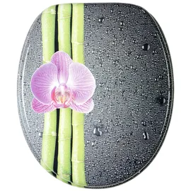 Sanilo Badaccessoire-Set SANILO "Asia", bunt (grau, rosa, grün), MDF, Badaccessoires-Sets, bestehend aus WC-Sitz, Badteppich und Waschbeckenstöpsel