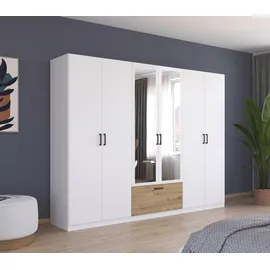 Rauch Möbel BARI Drehtürenschrank 6-türig, Kleiderschrank Weiß/Eiche artisan), 1 Schublade, mit Spiegel, 271x210x54cm