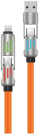 Neues Encore Energy 4in1-Kabel mit beleuchteten USB-C-, USB-A- und Lightning-Steckern, 3A QC PD 60W Ladekabel und Datenübertragung, 100 cm, orange, E