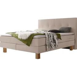 Boxspringbett HASENA "Lodge", beige (beige, eiche bianco), B:188cm L:210cm, Komplettbetten, Boxspringbett, Boxspringbett, Eichenfüsse, straffe Bezüge, gestepptes Kopfteil