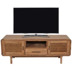 TV-Rack MCW-M47, Fernsehtisch Lowboard Kommode, Staufächer Schublade, Rattan Akazie Massiv-Holz gebeizt 160cm 32kg