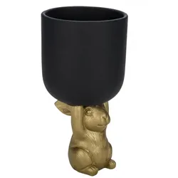 Hase mit Topf, Kunststoff, schwarz / gold, ø 7,5cm / Höhe: 15cm