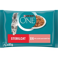PURINA ONE STERILCAT Katzenfutter nass, zarte Stückchen in Sauce für sterilisierte Katzen, mit Lachs, 12er Pack (12 x 4 à 85g)