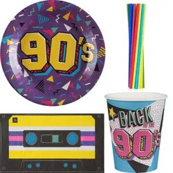 90er Jahre Party Einweggeschirr Partygeschirr Deko Set Partyset 90s Dekoration Teller Becher Servietten