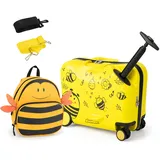 DREAMADE Kinderkoffer zum Draufsitzen, 2 TLG. Kinderkoffer mit Rucksack 18”+12”, Kindergepäck Trolley zum Reisen, Reisetrolley Kinder Trolley Set (Gelb-Biene)