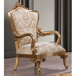 Casa Padrino Luxus Barock Sessel Gold Muster / Antik Gold - Prunkvoller Wohnzimmer Sessel mit elegantem Muster - Luxus Wohnzimmer Möbel im Barockstil - Barock Möbel - Barock Einrichtung