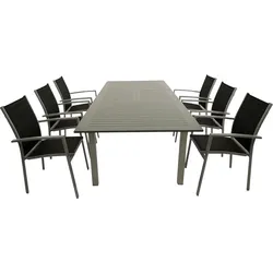 Outdoor Möbel Sidari 7-teilig: 6 x Stapelsessel + 1 x Tisch – Gartenmöbel aus Aluminium, Anthrazit – stapelbare Terrassenmöbel – Outdoor Sitzgruppe