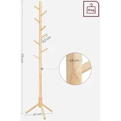 Garderobenständer 175 x 47 x 47 cm, Kleiderständer aus 3,8 cm d Massivholz, robust, Garderobe in Baumform, 8 Haken, 3 verstellbare Höhen, naturfarben