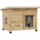 PawHut Katzenhaus aus Holz, Katzenhütte Outdoor, Katzenhöhle mit Türvorhang Gelb