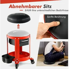 Costway Werkstatthocker Kunstleder rot 150 kg belastbar mit 2 Schubladen und Rollen