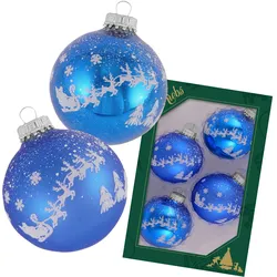 Krebs Glas Lauscha Klassische blau glänzend / matte 7cm Glaskugel mit weißem Druck Santa mit seinen Rentieren