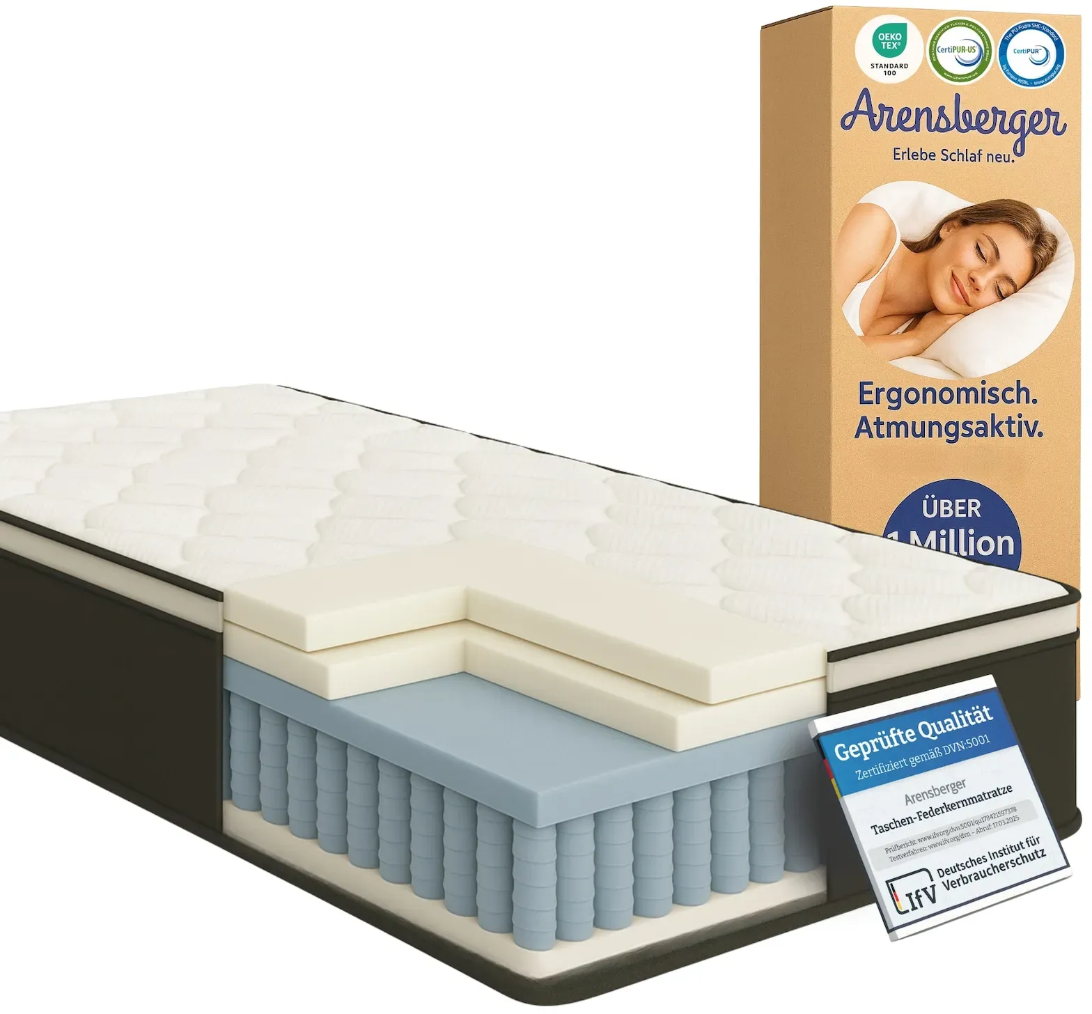 Arensberger EMILIA Federkernmatratze mit GEL-Schaum und integriertem Topper   120x200 cm Höhe 23cm   Härtegrad H3/ H4   HR Taschenfederkern Matratze