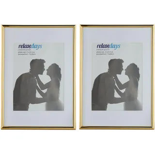 Relaxdays Bilderrahmen 2er Set, Din A4, Passepartout 15x20 cm, Glasscheibe, Fotorahmen zum Stellen oder Hinhängen, gold