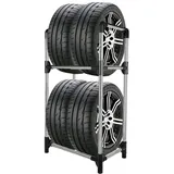 BAOYOUNI Reifenständer für 4 Reifen oder Felgen, 2 Ebenen Freistehendes Reifenregal Robust, Platzsparend Lagerregal für Garage, Keller, Werkstatt, 57,2 x 37,3 x 114,6cm, Grau+Silber