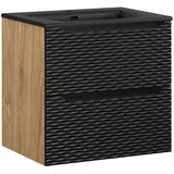 Lomadox Waschtisch OLUO-56-BLACK, 60cm mit Keramikwaschbecken, Eiche mit schwarz, 3D-Oberfläche schwarz