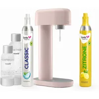 Sparpaket: Mysoda Ruby - Wassersprudler aus Aluminium mit 1L und 0,5L BPA-freier Plastikflasche, CO2-Zylinder Classic + CO2-Zylinder Zitrone (Rosa)