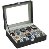 SONGMICS Uhrenbox Uhrenkasten, mit 10 Fächern, mit Glasdeckel, Samtfutter grau