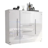 lukmebel Kommode BARI Hochglanz mit Schubladen und Barfach Wohnzimmer Wohnzimmerschrank LED kostenlos HG Highboard Sideboard Schrank Schlafzimmer Schrank Mehrzweckschrank (Weiß/Weiß + Weiß)