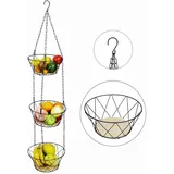 hängender The Rombs Obstkorb praktische Küchen-Etagere für Obst und Gemüse mit 3 Körben bis 15kg Holz/Schwarz - One-Size