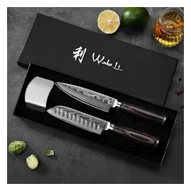 Wakoli EDIB Essentials 2er Damastmesser-Set - Küchenmesser Set aus 67 Lagen Damaststahl, Kochmesser-Set mit kleinem Chefmesser, Santokumesser, Pakkaho
