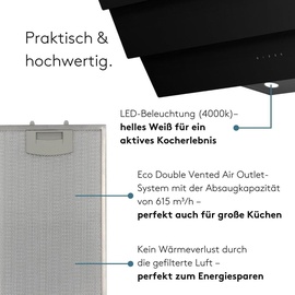 Wiggo Dunstabzugshaube 90cm kopffrei I Abluft Umluft Dunstabzug 615m3/h - Touch-Display 4 Stufen I Energieeffizienzklasse B Schräghaube ... - Schwarz