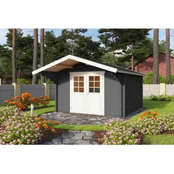 Gartenhaus LASITA MAJA "Viljandi 34", grau (carbongrau), ohne Fußboden, ohne Dacheindeckung, Holzwerkstoff, Gartenhäuser, Blochbohlenhaus 34mm, Fundamentmass 3000x3000, Carbongrau