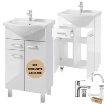 domodomo .Deftrans waschbecken mit unterschrank stehend Badmöbel Set 85x55x30 cm, weißer Hochglanz, Waschbeckenunterschrank mit Waschbecken und Armatur mit klick-Stecker, Badezimmer waschbeckenschrank