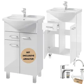 domodomo .Deftrans waschbecken mit unterschrank stehend Badmöbel Set 85x55x30 cm, weißer Hochglanz, Waschbeckenunterschrank mit Waschbecken und Armatur mit klick-Stecker, Badezimmer waschbeckenschrank