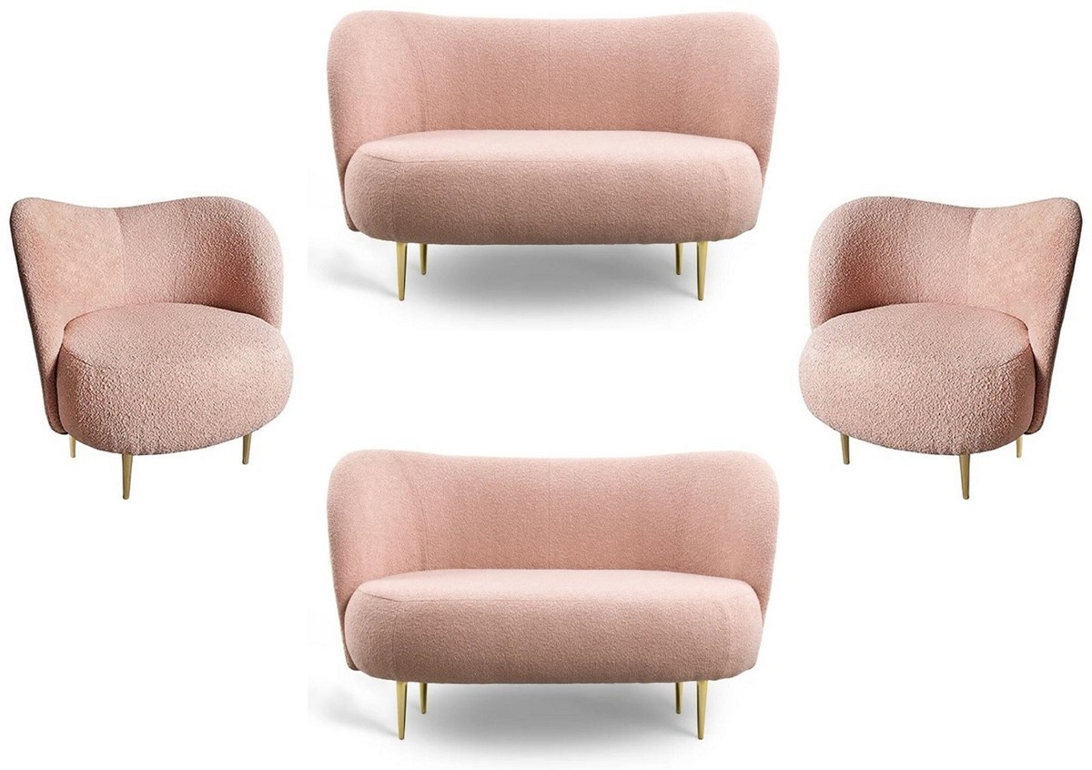 Casa Padrino Luxus Wohnzimmer Set Rosa / Gold - 2 Luxus Sofas mit gebogener Rückenlehne & 2 Luxus Sessel mit gebogener Rückenlehne - Wohnzimmer Möbel - Luxus Möbel - Luxus Einrichtung