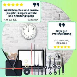 casativo-tech Geräuschloses Uhrwerk Komplettset mit 3 verschiedenen Zeigersätzen, leise schleichende Zeiger ohne Ticken, stabiles Gehäuse, Batteriebetrieb